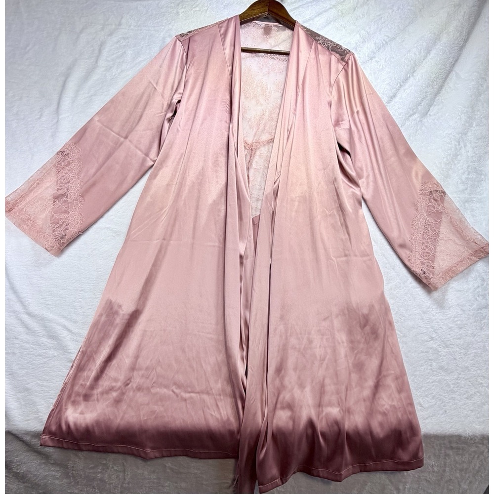 Victorias Secret Pink Dusty Rose Satin Robe‎ XS/S Eyelash Lace Back Kimono Wrap